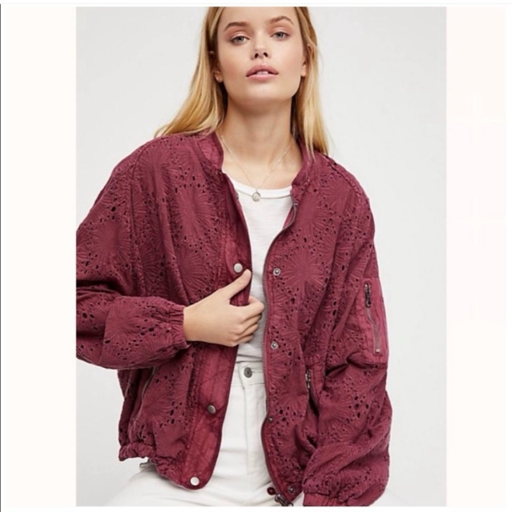 Free People Daisy Jane Eyelet Embroidered Bomber Jacket